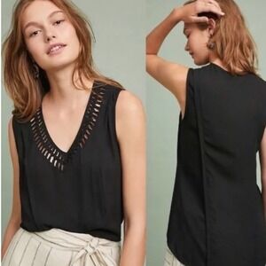 Maeve Anthropologie Black Braided Lattice V-Neck Sleeveless Blouse XS High Low